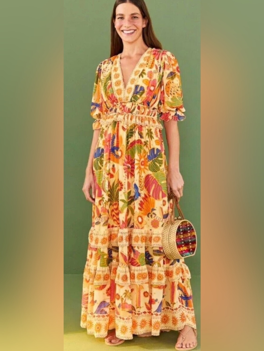 FARM Rio Tropical Floral Ruffle Maxi Dress Yellow Size M